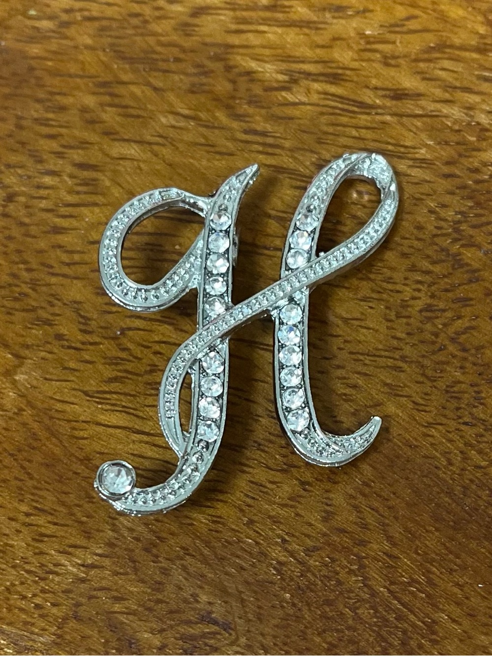 Brooch Rhinestone Letter “H” in Script- Silver Tone, NIP, lite weight, 1.5”x1.5